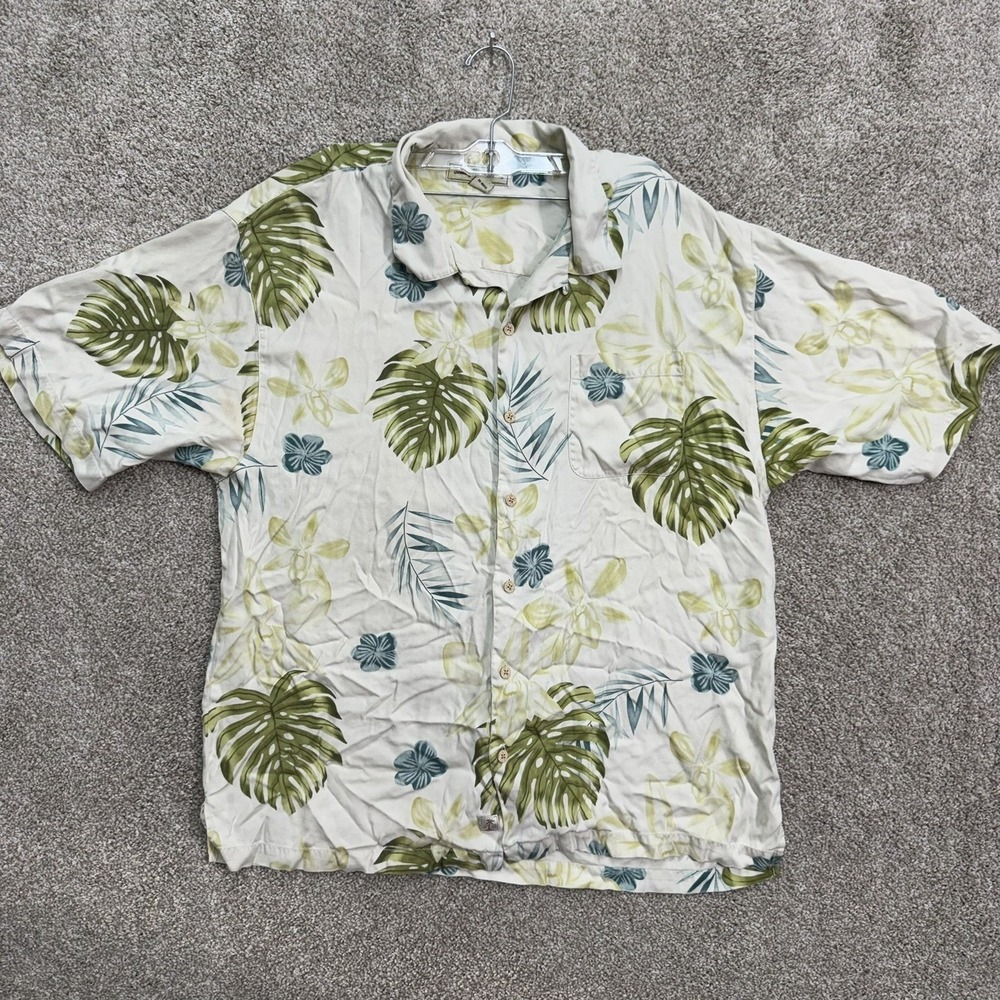 Tommy Bahama Button Front Shirt Men XL Cream Silk Tropical Monstera Floral Aloha